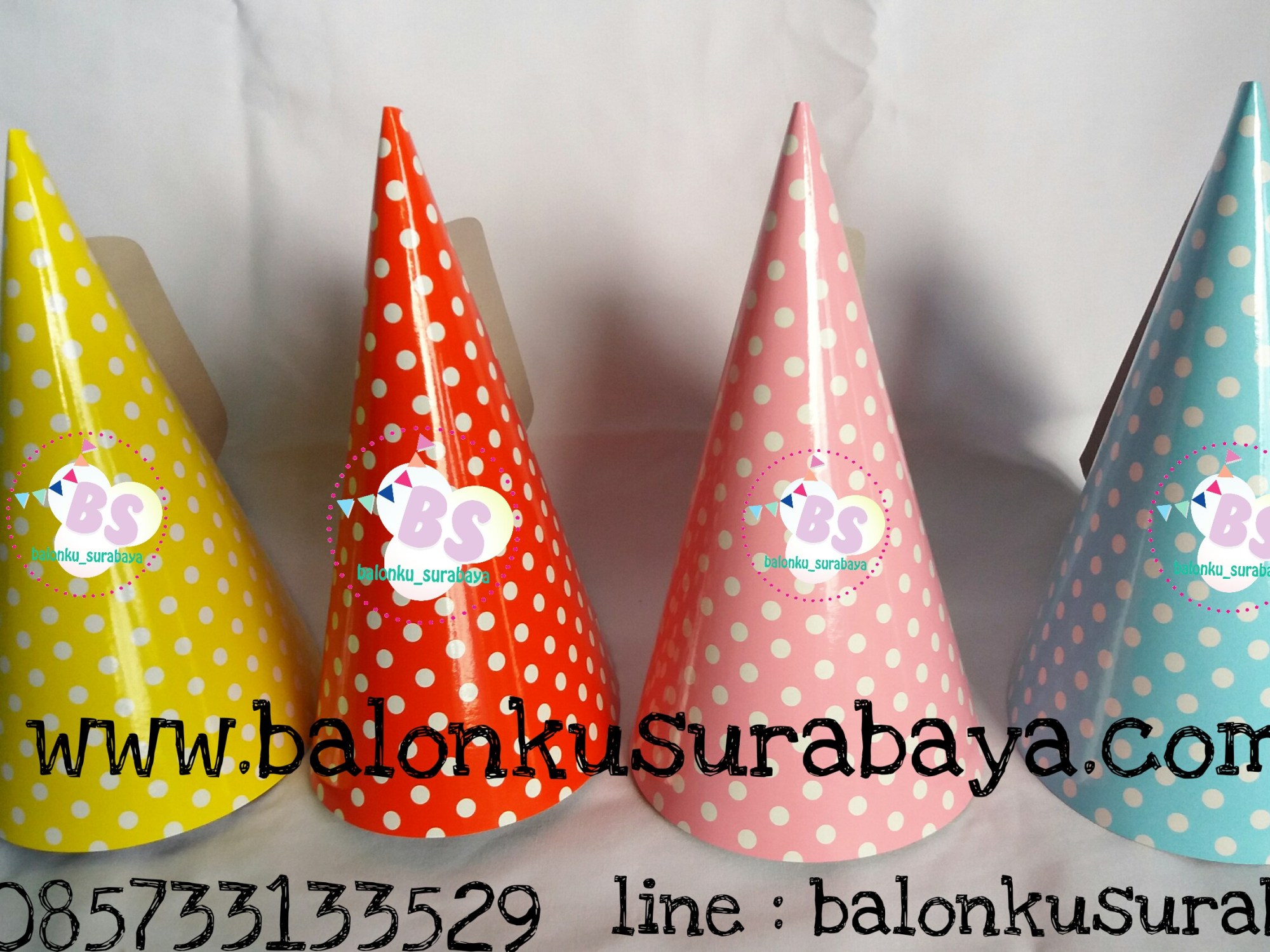 topi ulang tahun, topi kerucut, topi ulang tahun polkadot