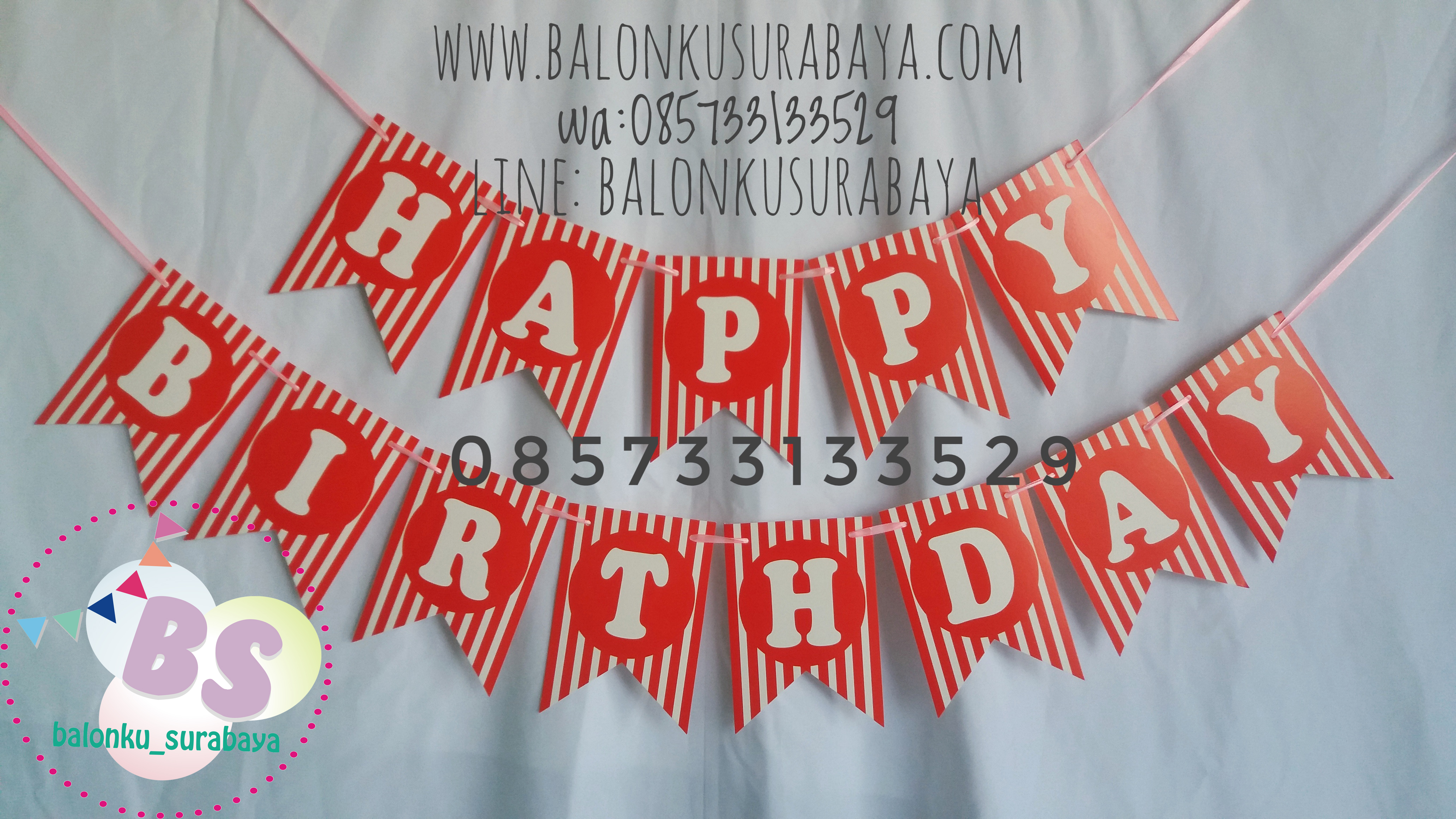 Bendera ulang tahun happy birthday, g happy birthday, tulisan dinding happy birthday, distributor balon, dekorasi balon, balon sablon, balon gas