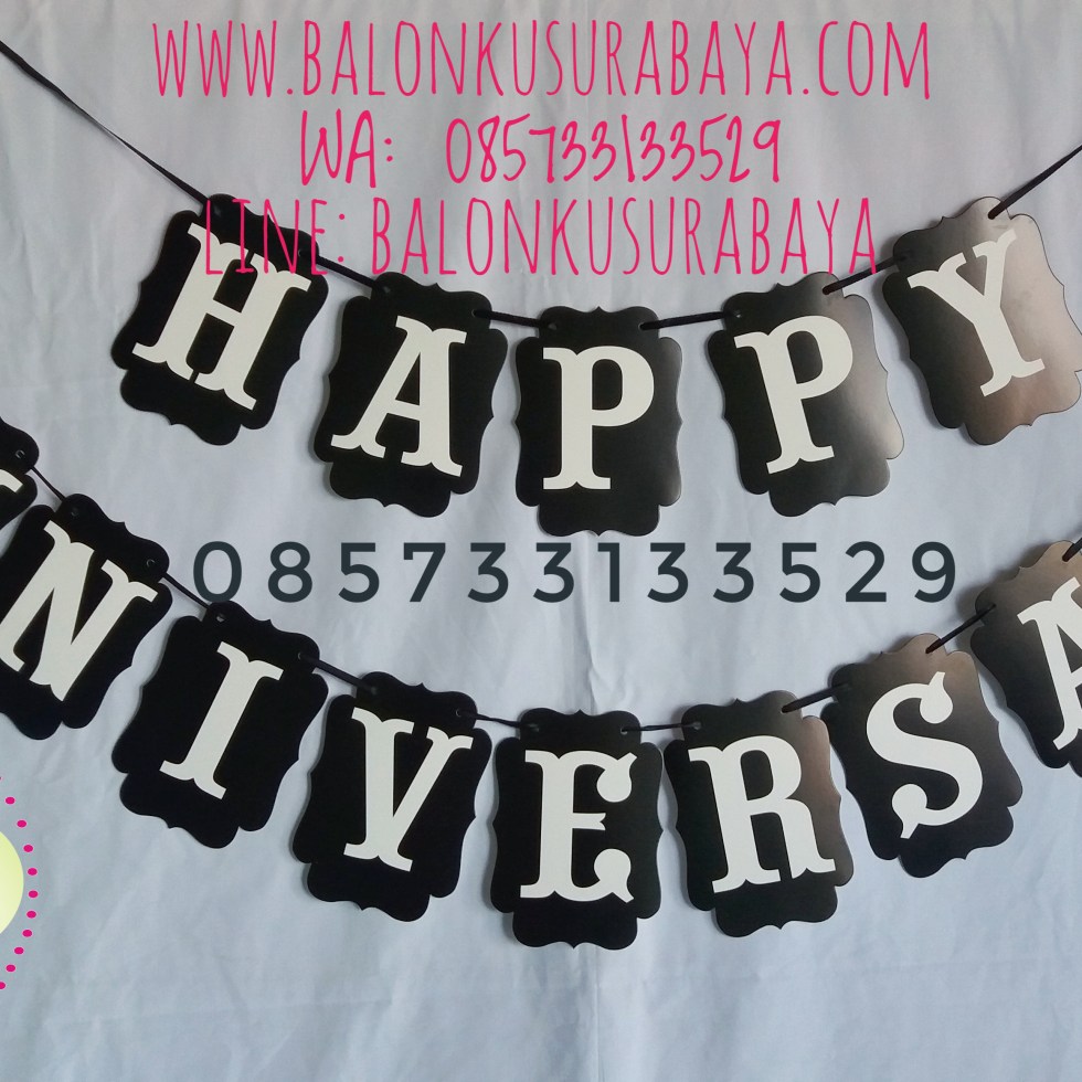 Bunting flag happy anniversary, Bendera happy anniversary, tulisan dinding happy anniversary, dekorasi balon, distributor balon, balon sablon