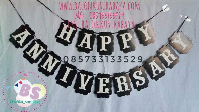 Bunting flag happy anniversary, Bendera happy anniversary, tulisan dinding happy anniversary, dekorasi balon, distributor balon, balon sablon