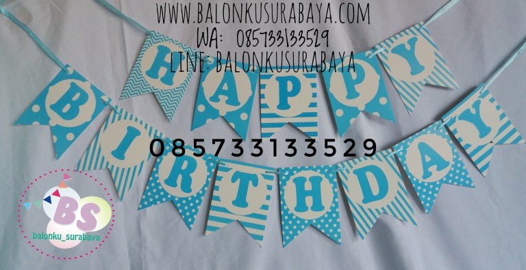Bendera ulang tahun happy birthday, g happy birthday, tulisan dinding happy birthday, distributor balon, dekorasi balon, balon sablon, balon gas