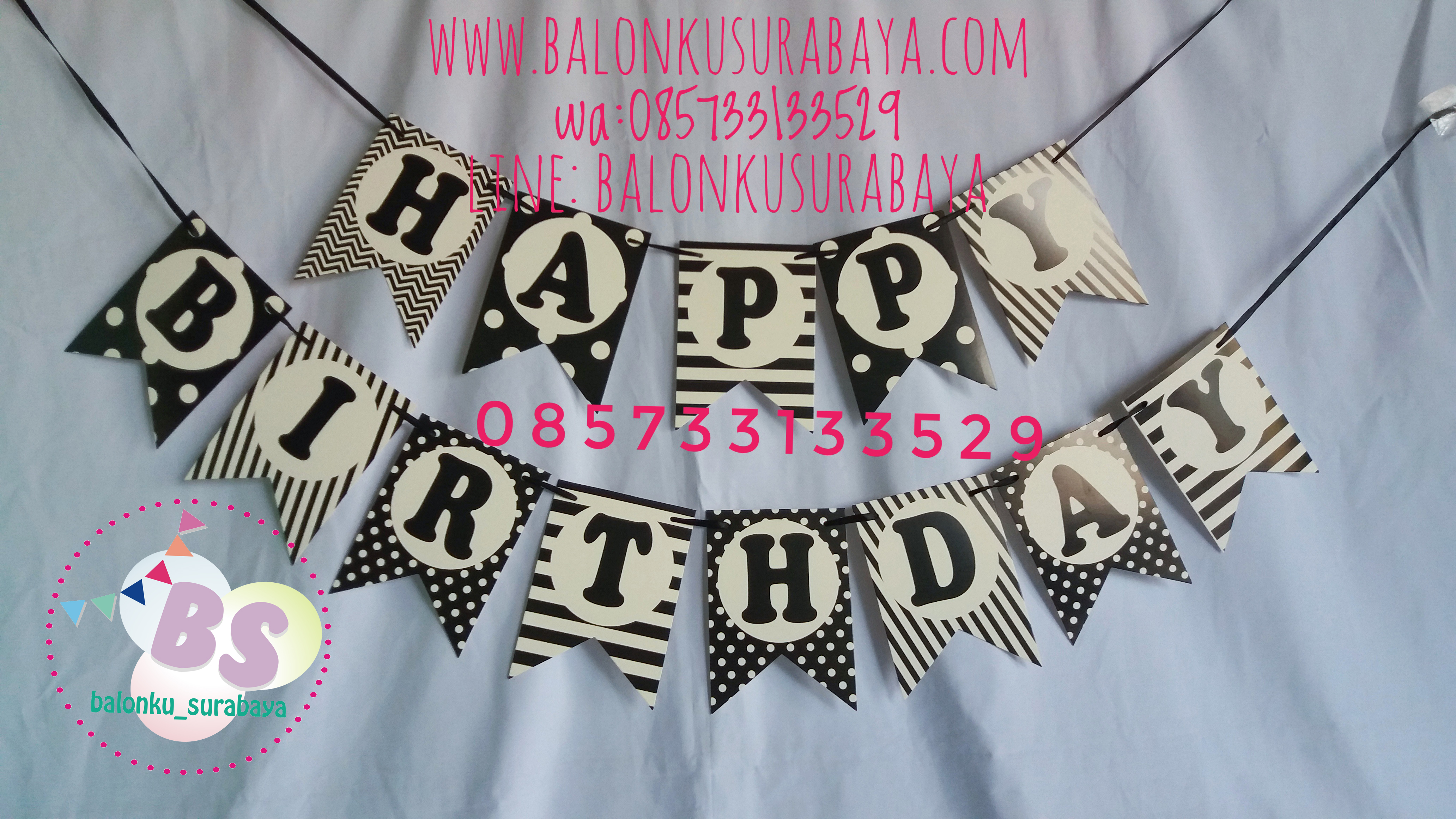 Bendera ulang tahun happy birthday, g happy birthday, tulisan dinding happy birthday, distributor balon, dekorasi balon, balon sablon, balon gas