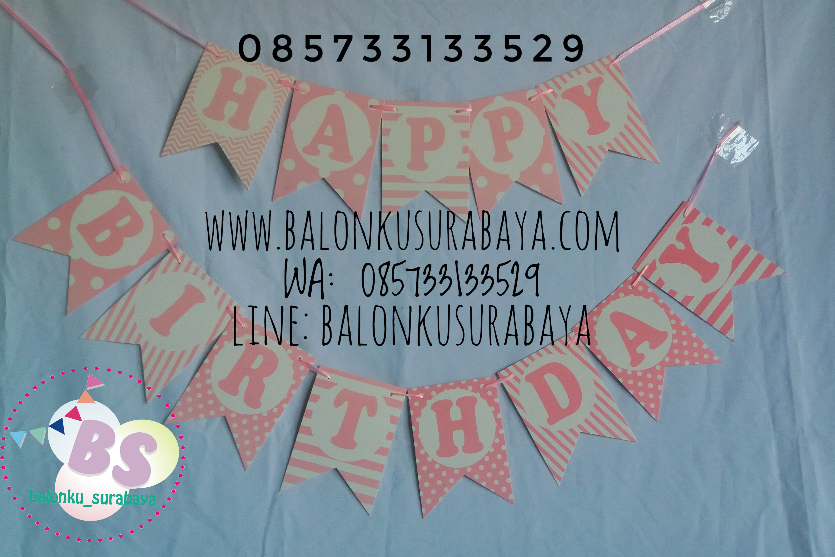 Bendera ulang tahun happy birthday, g happy birthday, tulisan dinding happy birthday, distributor balon, dekorasi balon, balon sablon, balon gas