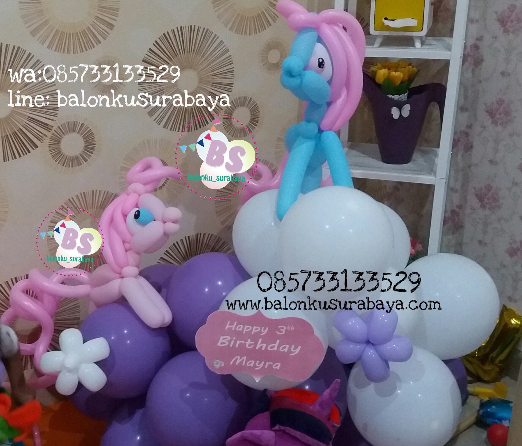 Dekorasi balon, balon little pony, sablon balon, parcel balon, distributor balon, eo surabaya, party planner