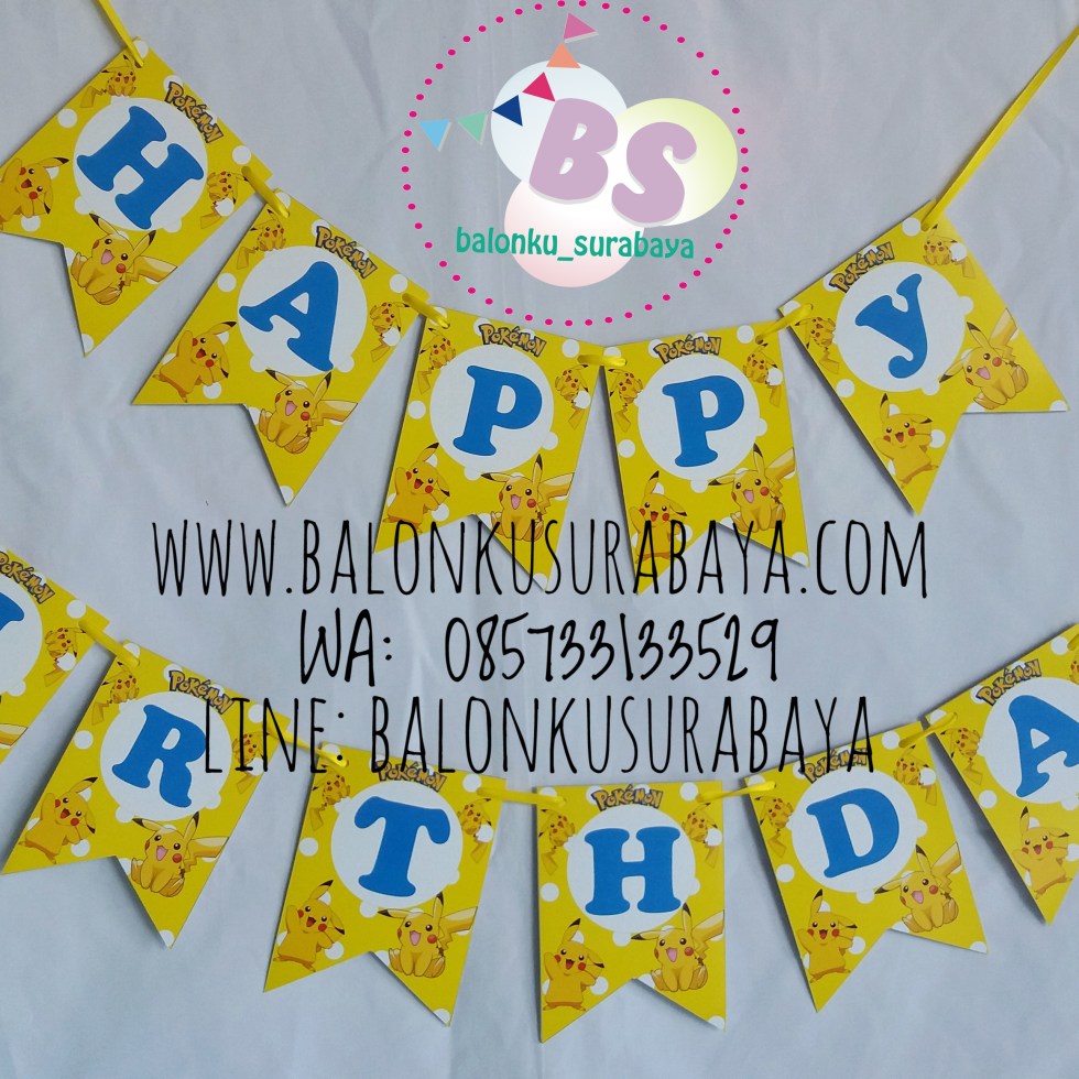 Bunting Flag Custom Nama, Bunting flag pokemon, party planner, dekorasi balon, distributor balon, balon print, balon promosi, balon gas