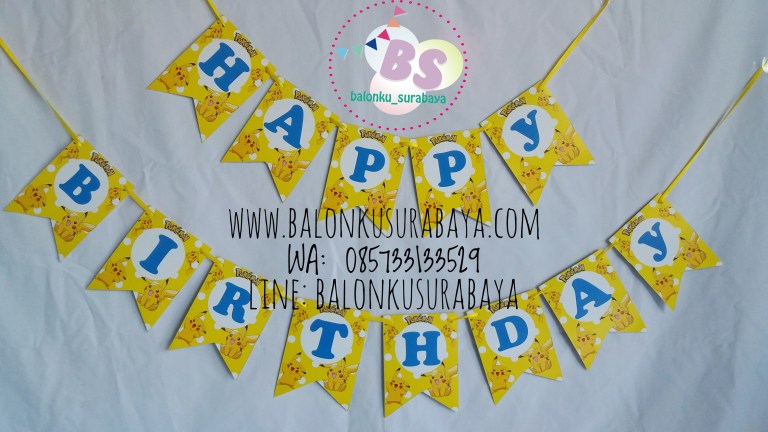 Bunting Flag Custom Nama, Bunting flag pokemon, party planner, dekorasi balon, distributor balon, balon print, balon promosi, balon gas