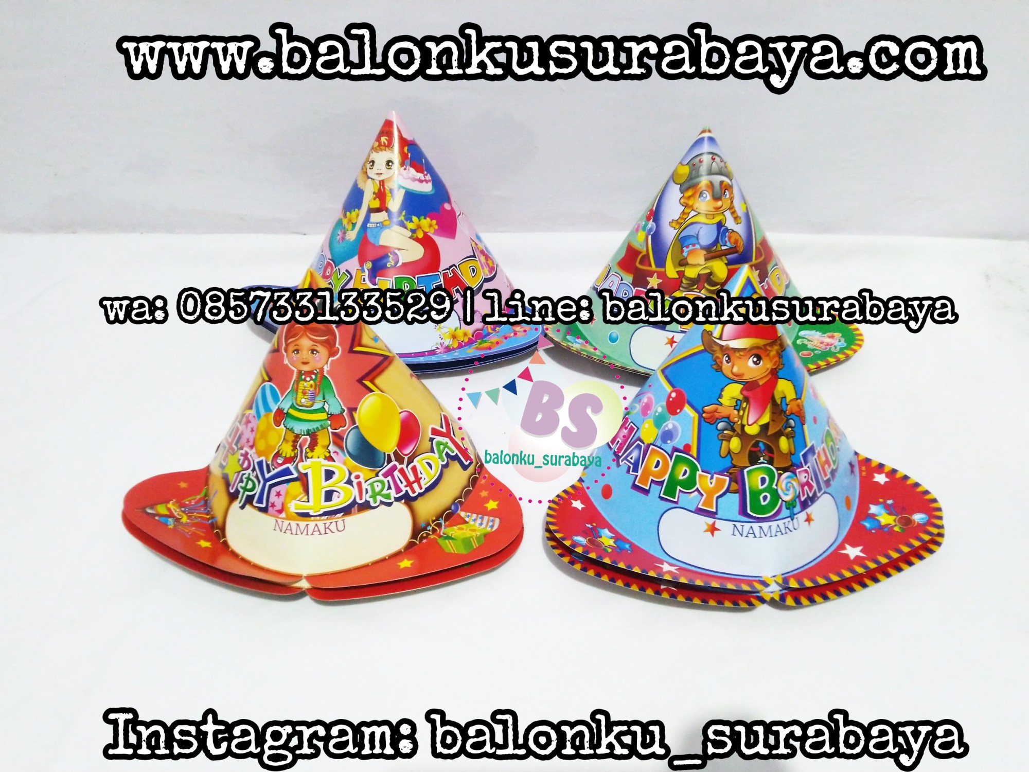 Topi Ulang tahun anak, Perlengkapan ulang tahun, Balon latex , balon doff, balon latex merah, balon doff merah, balon natal, balon agustusan, balon dekorasi, balonku Surabaya, 085733133529