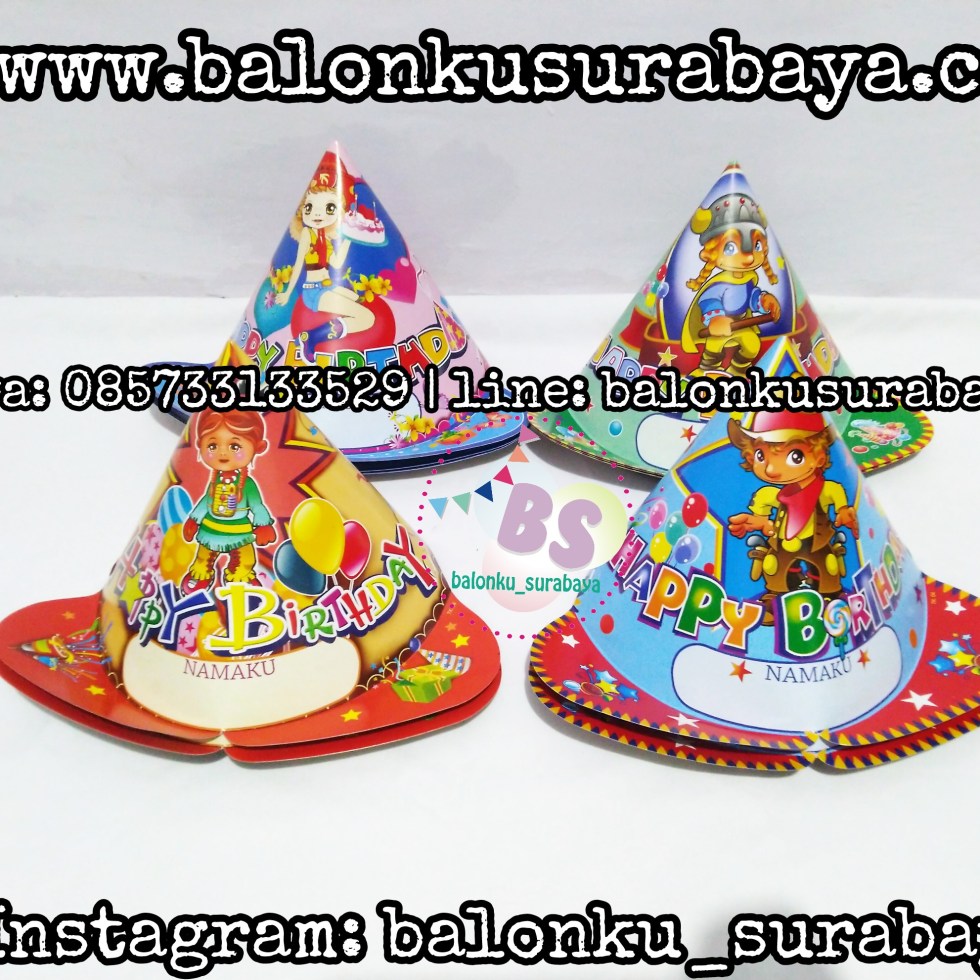 Topi Ulang tahun anak, Perlengkapan ulang tahun, Balon latex , balon doff, balon latex merah, balon doff merah, balon natal, balon agustusan, balon dekorasi, balonku Surabaya, 085733133529